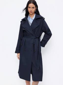 Cider - Collared Women's Double-Breasted Belted Trench Coat Navy Blue
