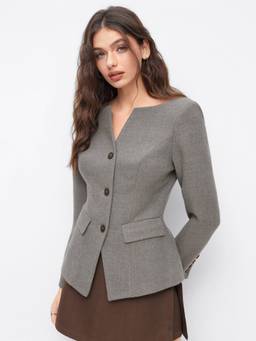 Cider - Wool-look Women’s Regular Fit Boat Neck Waist Blazer Grey