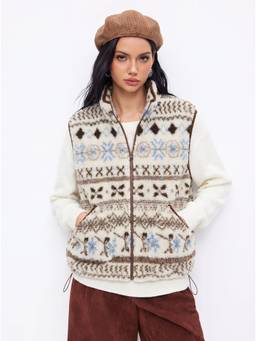 Cider - Aztec Women's Fleece Stand Collar Zip-Up Oversized Jacket Vest Grey