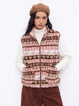 Cider - Aztec Women's Fleece Stand Collar Zip Oversized Jacket Vest Pink