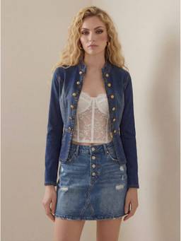 Cider - Stretch Denim Women's Stand Collar Zip-Through Blouse Indigo
