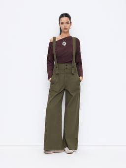 Cider - Denim Button Women's Oversized Wide-Leg Dungaree Olive