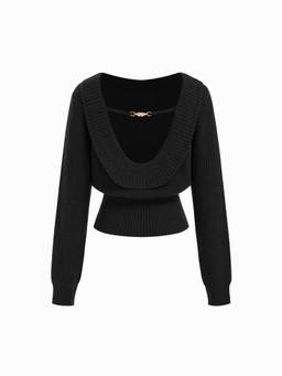 Cider - Knit Women’s Backless Chain Detail Boat Neck Top Black