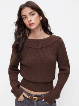 Cider - Knit Women's Backless Chain Detail Boat Neck Top Coffee