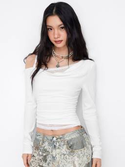 Cider - Lace Ruched Women Asymmetrical Neck Long Sleeve Top White