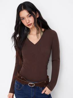 Cider - Cotton Blend Women Ruched Halter V-Neck Bodysuit Brown