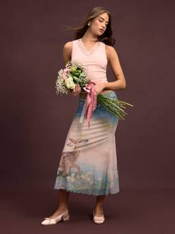 Cider - Mesh Oil Painting Women’s Mid-Rise Lettuce Trim Mermaid Maxi Skirt Cream