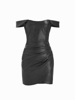 Cider - Faux Leather Women's Off-Shoulder Ruched Wrap Mini Dress Black