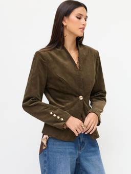 Cider - Corduroy Women's Stand Collar Metal Button Blazer Olive
