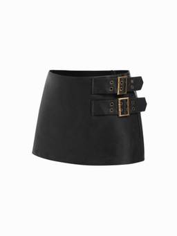 Cider - Faux Leather Women Mid-Rise Belted A-Line Mini Skort Black