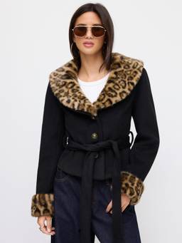 Cider - Wool-Look Women Faux Fur Collar Belted Jacket Black