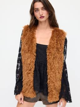 Cider - Faux Fur Women V-Neck Solid Sleeveless Jacket Vest Brown