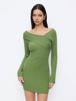 Cider - Knit Women's Asymmetrical Neck Slim Mini Dress Green