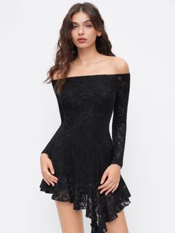 Cider - Cotton Blend Women's Off Shoulder Lace Mini Dress Black