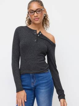 Cider - Asymmetrical Neck Women Button Detail Long Sleeve Top Dark Grey