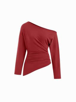 Cider - Brushed Fabric Women's Ruched Asymmetrical Neck Top Wine