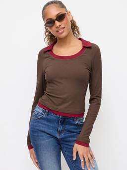 Cider - Colorblock Women Two Tone Collar Scoop Neck Long Sleeve Top Brown