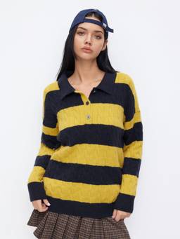 Cider - Knit Collar Women's Oversized Striped Button Top Blue