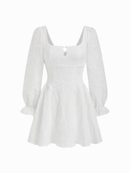 Cider - Floral Women's Square Neck Puff Sleeve Cut-Out Mini Dress White