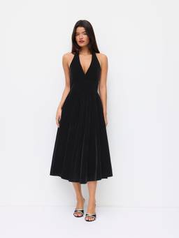 Cider - Two Tone Women's V-Neck Tie-Back Bow Ruffle Maxi Dress Black