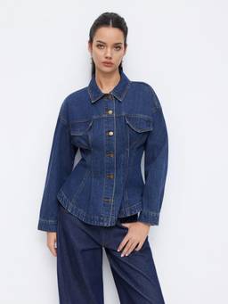 Cider - Cinched Waist Women Ruffle Hem Denim Jacket Navy Blue