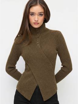 Cider - Knit Women's Ribbed Wrap Button Top Coffee