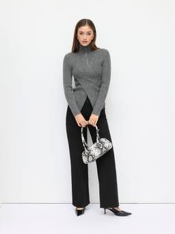 Cider - Knit Women's Wrap Button High Neck Top Dark Grey