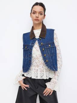 Cider - Denim Collar Women's Colorblock Button Top Indigo
