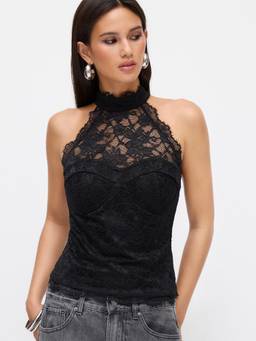 Cider - Lace Women's Sleeveless Halter Neck Tie-Back Top Black
