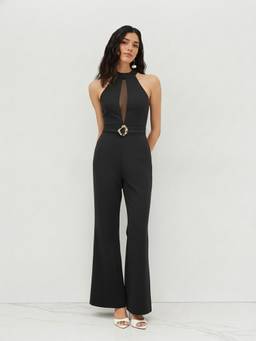 Cider - Metal Buckle Women's Halter Neck Flared Jumpsuit Black
