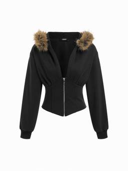 Cider - Faux Fur Trim Women's Corset Half-Zip Hoodie Black