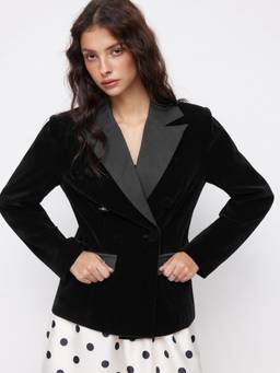 Cider - Two-Tone Women's Double-Breasted Notched Lapel Velvet Blazer Black