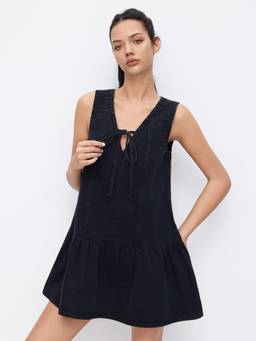 Cider - Denim Women's V-Neck Knotted A-Line Mini Dress Black
