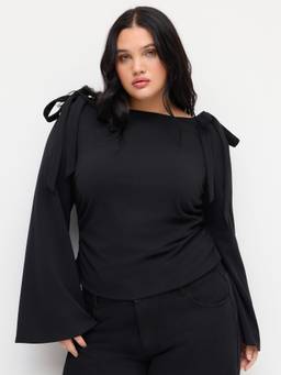 Cider - Bowknot Women's Ruched Boat Neck Top Black