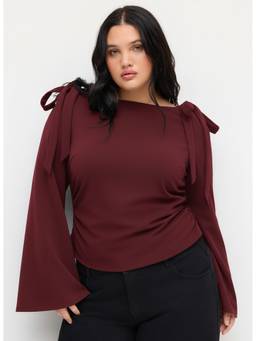 Cider - Bowknot Women Ruched Boat Neck Top Burgundy