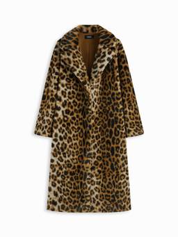 Cider - Faux Fur Women's Oversized Leopard Print Longline Coat Brown