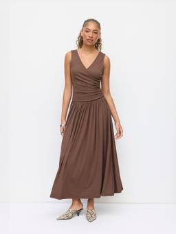 Cider - Women's Ruched V-Neck Wrap Flared Maxi Dress Brown