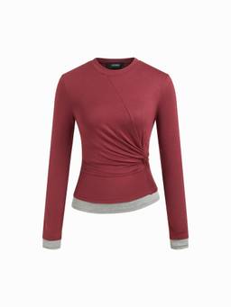 Cider - Two Tone Women Twist Ruched Asymmetrical Hem Top Wine