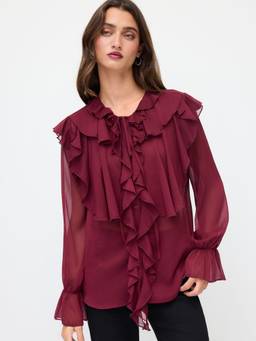 Cider - Chiffon Women's Knotted Ruffle Bell Sleeve Blouse Burgundy
