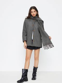 Cider - Wool-Look Women Asymmetrical Neck Oversized Jacket Dark Grey