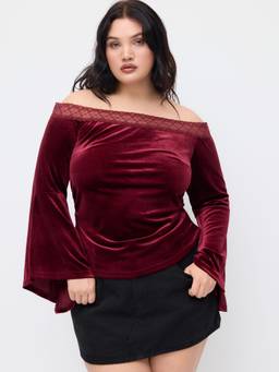 Cider - Velvet Lace Women's Off-Shoulder Ruched Bell Sleeve Top Burgundy