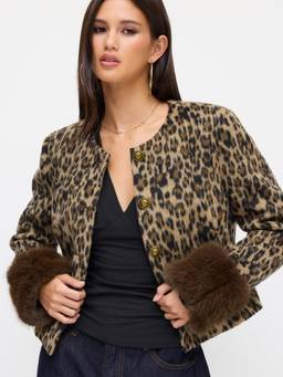 Cider - Wool-look Women's Leopard Faux Fur Trim Button Jacket Brown