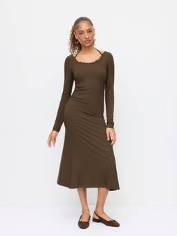 Cider - Lace Trim Women's Halter Neck Ruched Midi Mermaid Dress Brown
