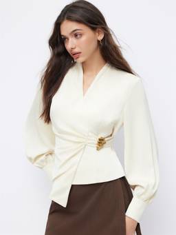 Cider - Satin Women's V-Neck Wrap Ruched Blouse Beige