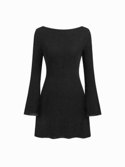 Cider - Glitter Women Backless Rhinestone Chain Bell Sleeve Mini Dress Black