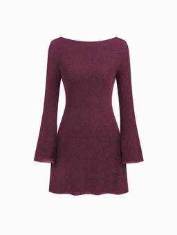 Cider - Glitter Women's Backless Rhinestone Chain Bell Sleeve Mini Dress Burgundy