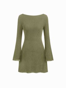Cider - Glitter Women's Backless Rhinestone Chain Bell Sleeve Mini Dress Olive