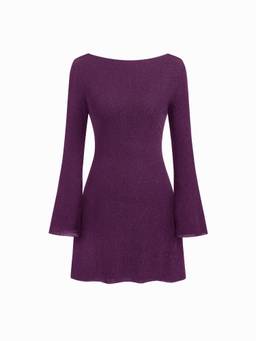 Cider - Glitter Women's Backless Rhinestone Chain Bell Sleeve Mini Dress Purple