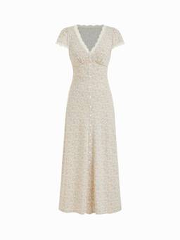 Cider - Floral Women's V-Neck Lace Trim Button Maxi Dress Cream