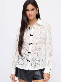 Cider - Lace Collar Women's Bow Detail Button-Down Blouse White